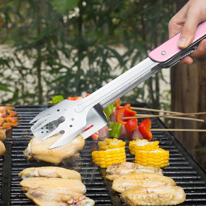 ROXON S601 14 6 in 1 MBT3 Folding Grill Utensils Set Fork Spatula Grilling Knife Tongs Opener for Backyard Barbecue and Camping (Pink)