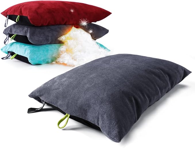ZOOOBELIVES Down Filled Camping Pillow for Travel Washable Soft Cover Small Camp Cushion for Neck &amp Lumbar Support On-The-Go Ultralight &amp Compressible for Hiking Backpacking - AlpliveS2046