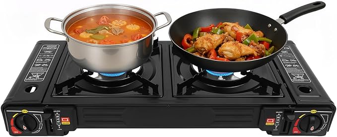 Portable Camping Stove｜24000 BTU Dual Burner Gas Grill w/Removable Case｜Compact 24.8 Outdoor Cooker for RV Tailgating｜Stainless Steel 2-Burner Propane Stove