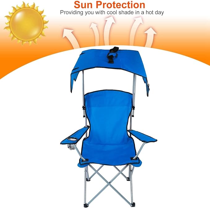 KOCASO Canopy Folding Beach Chair with Sun Shade Heavy Duty 330lbs Portable Camping Lawn Chair with Cup Holder for Pool Travel Picnic