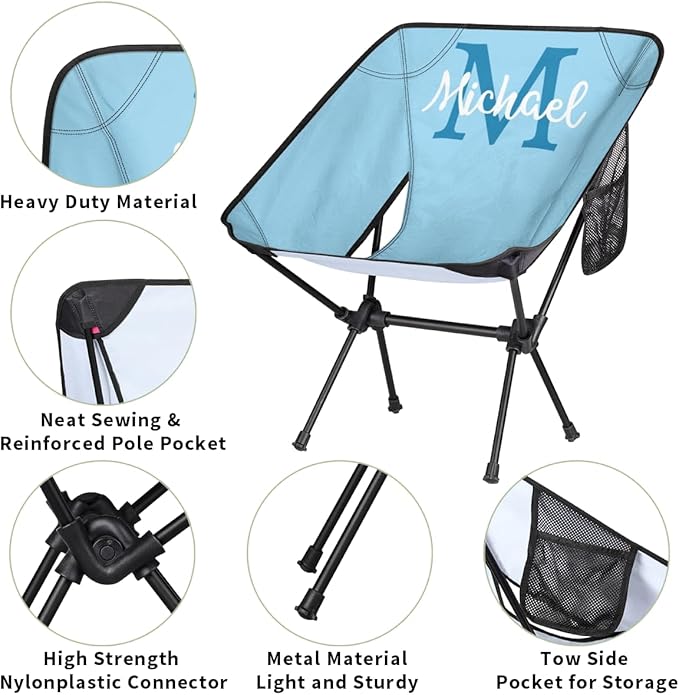 Custom Light Blue Portable Camping Chair Personalized Backpacking Chair with Name Lightweight Foldable Chairs for Hiking Beach
