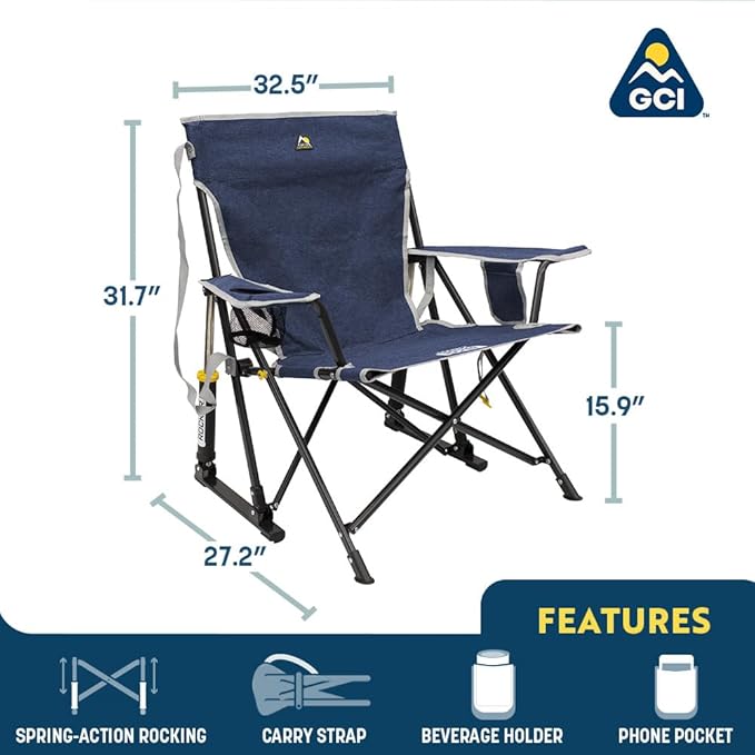 GCI Outdoor Kickback Rocker Camping Chair | Portable Folding Rocking Chair with Durable Armrests Drink Holder &amp Relaxed Lowered Seat for Comfort — Heathered Royal