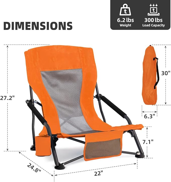 Outdoor Beach Chair for Adults Set of 2 PCS Portable Lightweight Low Back Sling Chair with Cup Holder 300lbs Capacity Camping Chair for Patio Lawn Concert Travel (Orange)