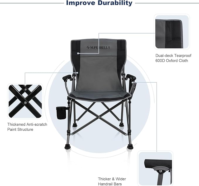 Portable Outdoor Folding Camping Chair Heavy Duty Camp Chair with Storage Bag for Outside Activities Black Grey