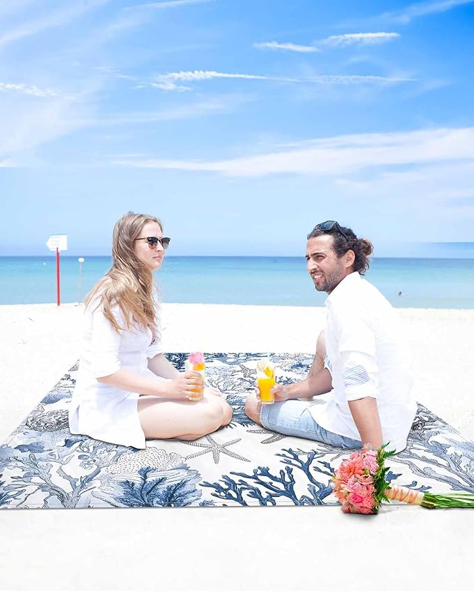 Water Blue Coral Beach Blanket Waterproof Sandproof Summer Marine Life Shell Starfish Beach Mat Quick Drying Outdoor Picnic Mat 118 x 108 for 1-8 Adults Essentials for Travel Camping Hiking