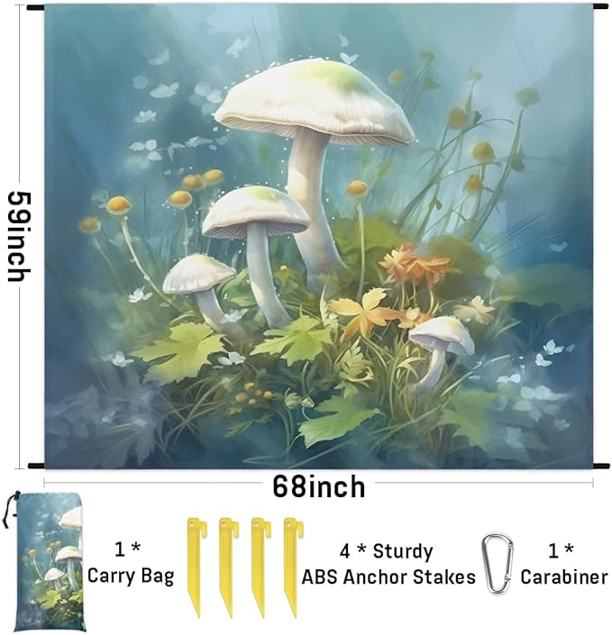 Waterproof Sandproof Beach Blanket 59''×68'' Mushrooms Polyester Outdoor Picnic Blanket with 4 Stakes &amp Storage Bag for BeachCampingVacation Sea Blue
