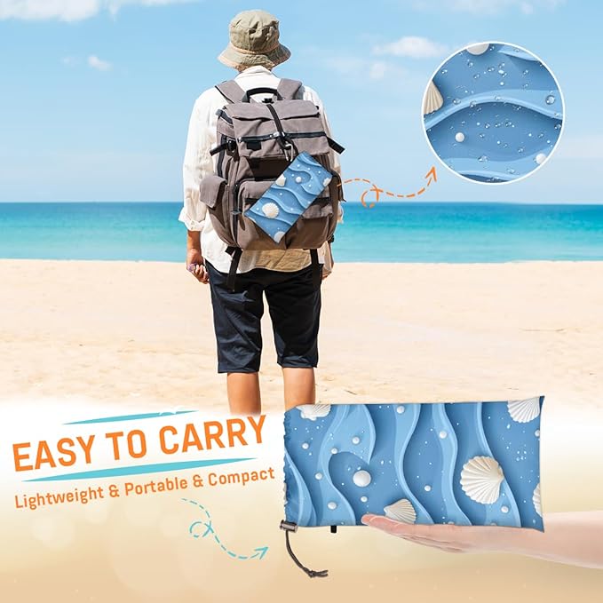 Waterproof Sandproof Beach Blanket 59''×68'' Textured Shell Pattern Polyester Outdoor Picnic Blanket with 4 Stakes &amp Storage Bag for BeachCampingVacation