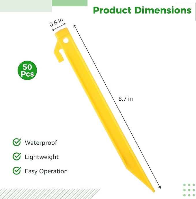 50 Heavy Duty Plastic Tent Stakes 9-Inch Triangular Pegs with Built-in Hook for Tent Canopy and Outdoor Gear