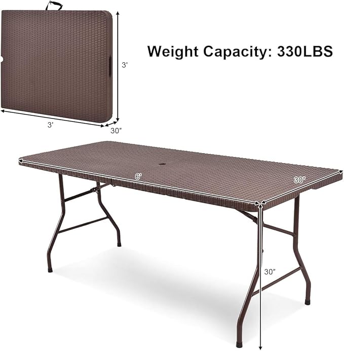 Tangkula 6Ft Rattan Folding Table Indoor Outdoor Portable Foldable Table with 1.8 Inch Umbrella Hole Heavy Duty Metal Frame Carrying Handle for Camping Picnic Backyard BBQ