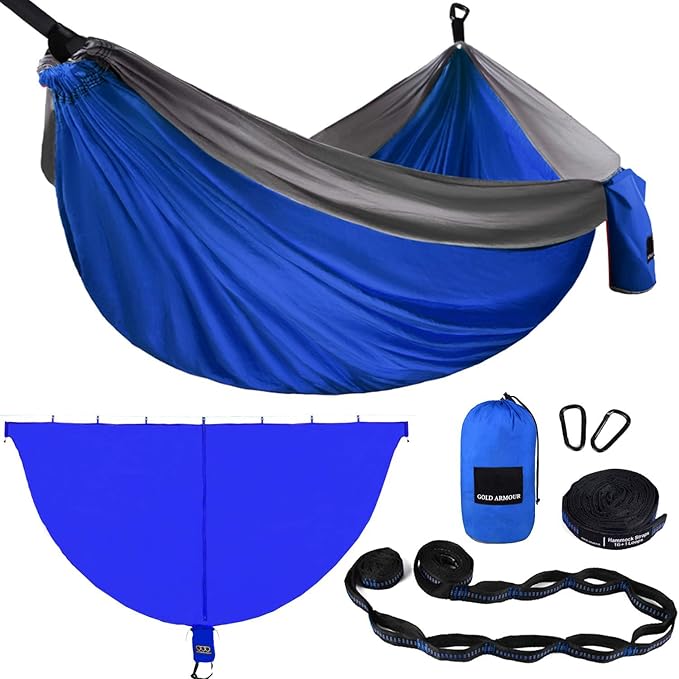 Gold Armour Camping Hammock with Bug Net - XL Double Hammock Portable Hammock Camping Accessories Gear Mosquito Bug Net Set for Outdoor Indoor USA Based Brand (Blue &amp Gray)
