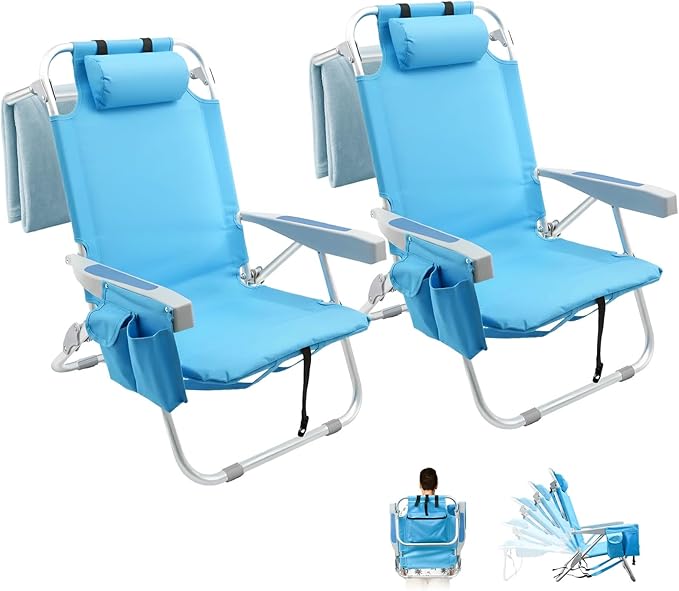 2 Pack Backpack Beach Chairs for Adults Heavy Duty Compact Portable Lay Flat Folding Chair with Backpack Straps and Pocket 5 Positions Aluminum Reclining Chair for Patio OutdoorSupport to 300LBS