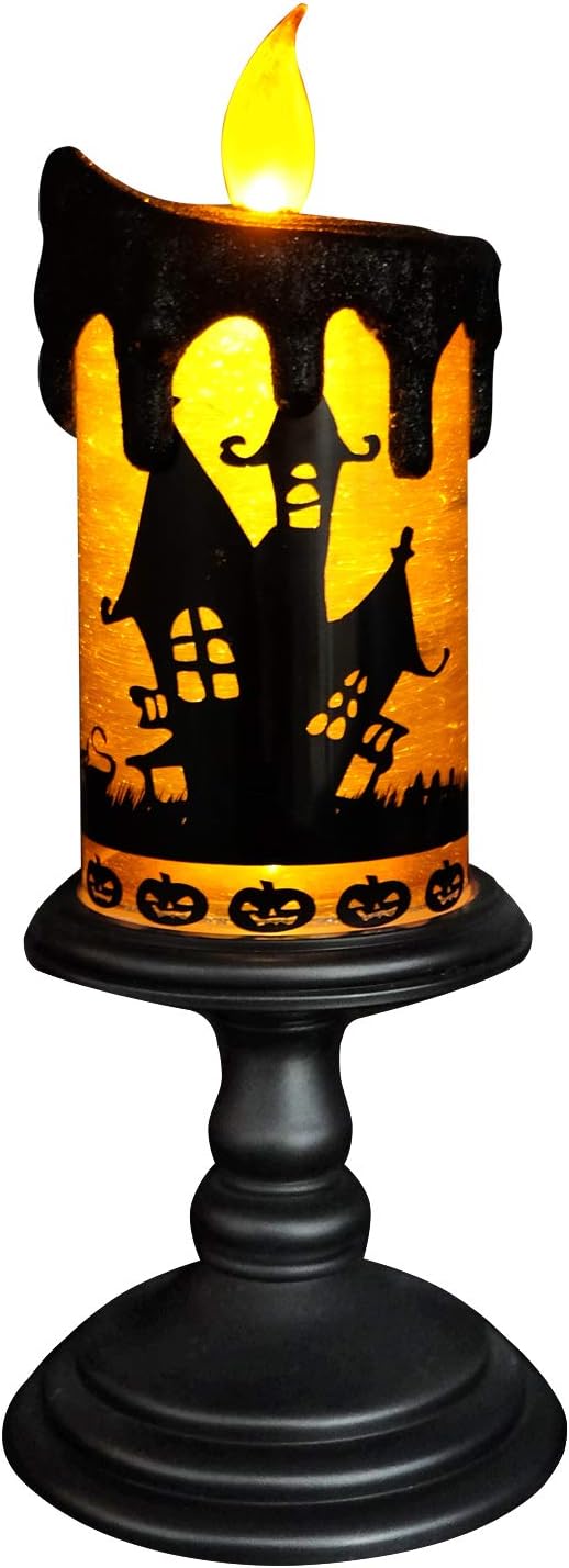 Eldnacele Halloween Snow Globe Candles Lighted Lamp Battery Operated Spooky Spinning Water Glittering Tornado Candle Flameless Candles Table Centerpiece for Halloween Decoration Indoor(Castle)