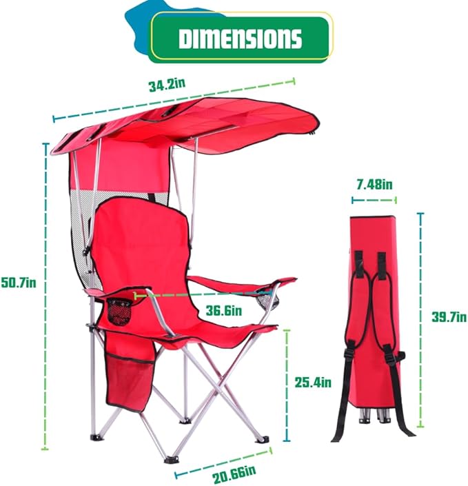 EZONE Folding Canopy Camp Chair for Outdoors Shade Canopy Portable Chair Camping Tailgates Beach Pool Lawn Chair Sunshade Travel Chair Folding Camping Chair (Upgraded - Red)