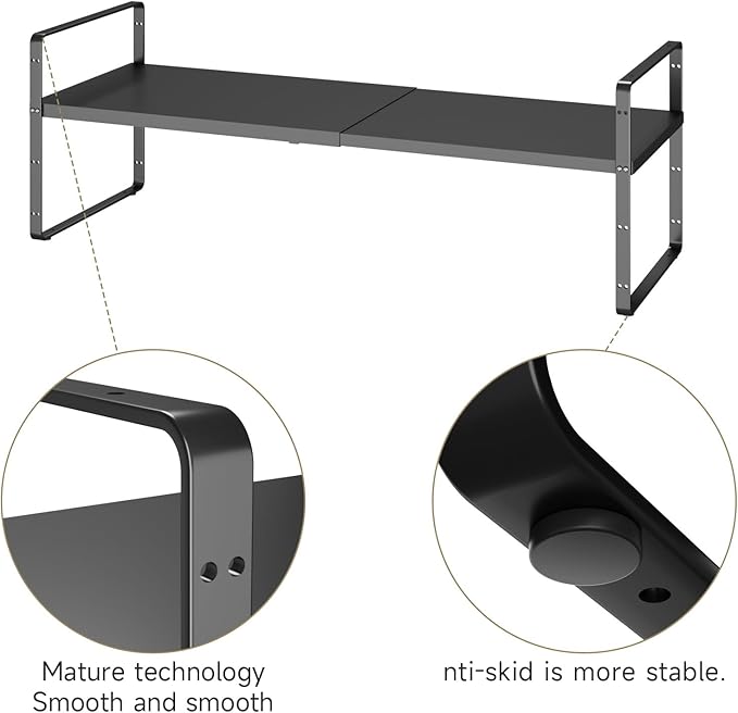 16.5~27.1 Expandable Shelf Organizer 2Pack 10.2 Wide Stackable Cabinet Shelf Organizers Black Metal Sturdy Kitchen Counter Storage for Countertop Adjustable Height Spice Rack