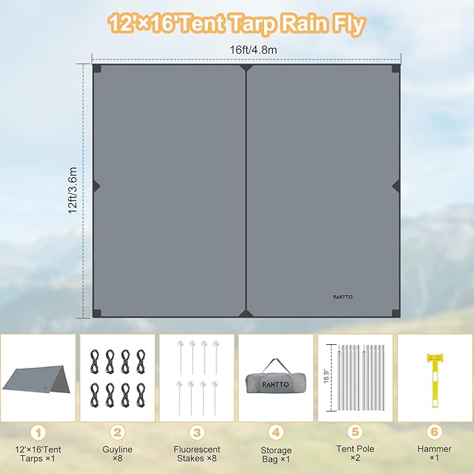 Camping Tarp with Poles 16x12 Ft Camping Canopy Waterproof Tent Tarp Rain Shelter for Camping PicnicBeach Outdoor Activities Extra Large Lightweight and UV Resistant Extra Large Grey