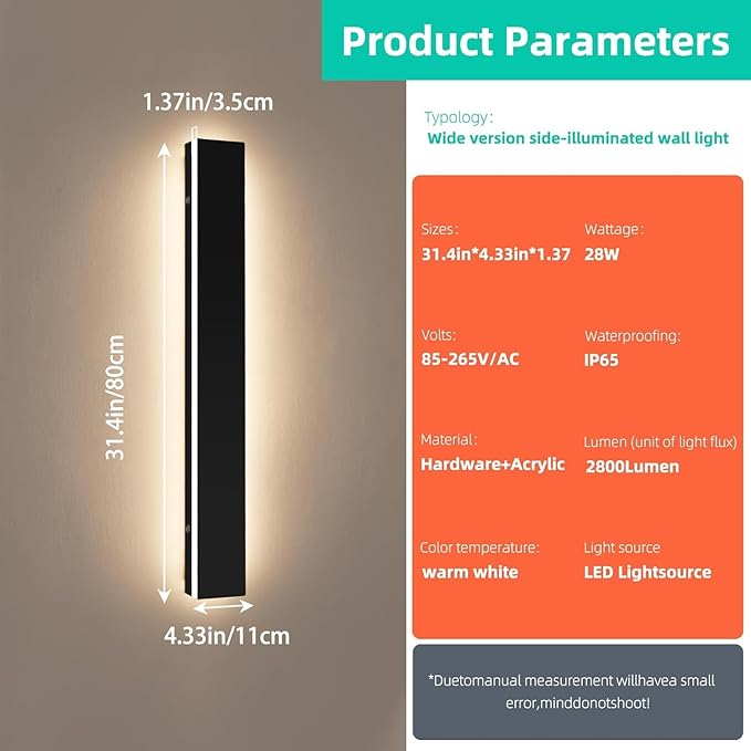 Upgrade Widened 2 Pack Long LED Outdoor Wall Light 31.4inch Black Modern Wall Sconces 31W 3000K Warm White IP65 Waterproof Front Porch Lighting Fixture for Patio Garage Entryway Fence