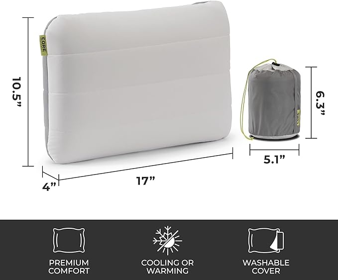 CORE Camping Pillow with Removable Cover | Lightweight Compact and Comfortable | Adjustable Support for Back Side and Stomach Sleepers | Ideal for Travel Hiking and Outdoor Adventures