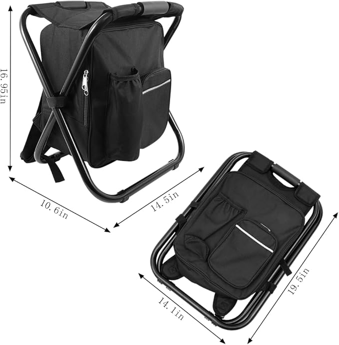 Portable Folding Backpack Stool with Cooler Compartment Black