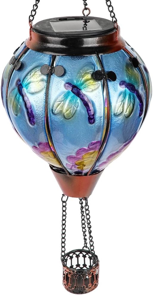 Hot Air Balloon Solar Lantern with Flickering Flame Glass Hanging Garden Lights Outdoor Waterproof for Tree Yard Patio Mother's Day Gift 18 H Dragonfly