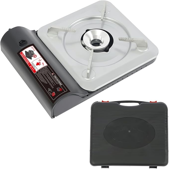 Portable Camping Stove 3500W Gas Burner with Grill Plate and Carry Case Butane Outdoor BBQ Grill for Cooking Hiking Backpacking Road Trip Picnic Gathering (Black)