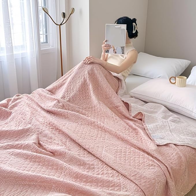 ITFRO Pink Cooling 3 Layer Cotton Muslin Blanket for Hot Sleepers Twin Size 60x80 Inches Lightweight Breathable Reversible Summer Camping Blanket All Seasons for Couch Sofa Bed (Solid Pink 60x80)