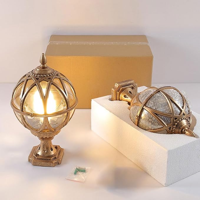 Outdoor Post Light Fixture Retro Amber Glass Ball Pillar Lights Waterproof Exterior Column Lamp Villa Courtyard Garden Park Doorpost Light Landscape Fence Bollard Pedestal Light