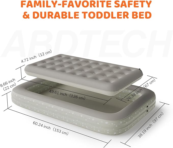 Inflatable Toddler Travel Bed: Portable Blow Up Travel Toddler Bed with Safety Sides - Toddler Air Mattress with Electric Pump ＆ Carry BagIdeal for Sleeping and Outdoor Camping (Beige 60)