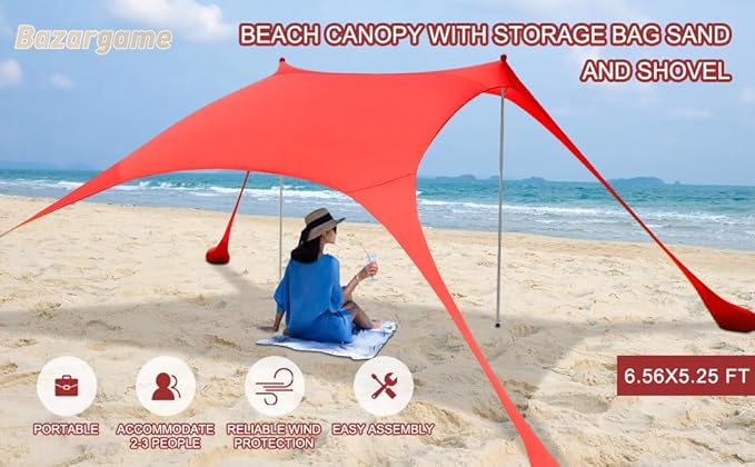 Beach Tent Sun Shelter 6.56 x 5.25ft UPF Sunshade with Sandbags &amp Aluminum Poles Portable Pop-Up Tent for Camping Picnics Fishing Fits 2-3 People (Red Includes Carry Bag &amp Shovel)
