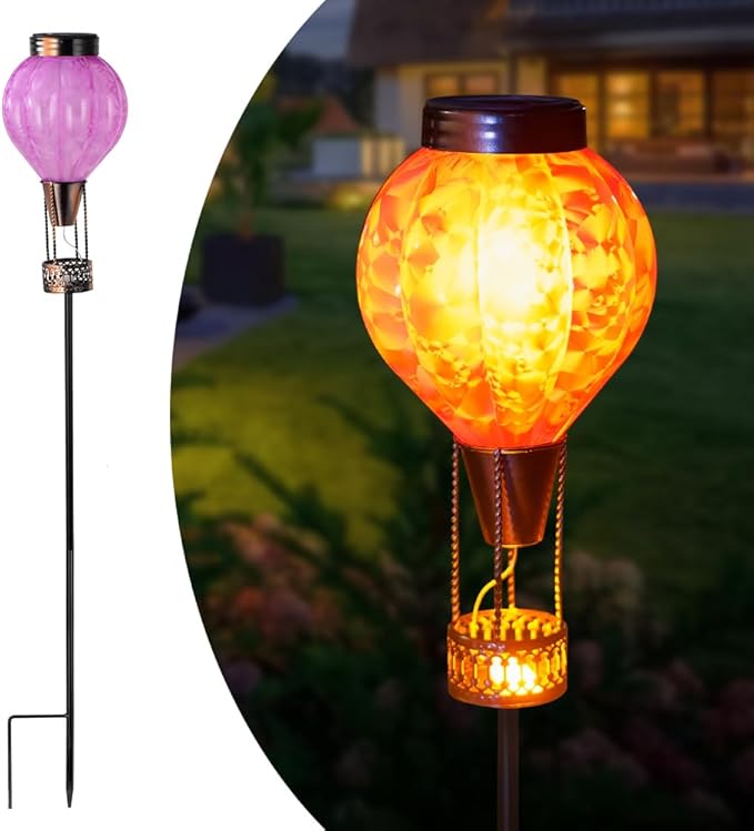Solar Garden Lights Outdoor with Hot Air Balloon Stake Garden Lights Solar Waterproof Flickering Lantern Lawn Pathway Patio Decor(Purple)