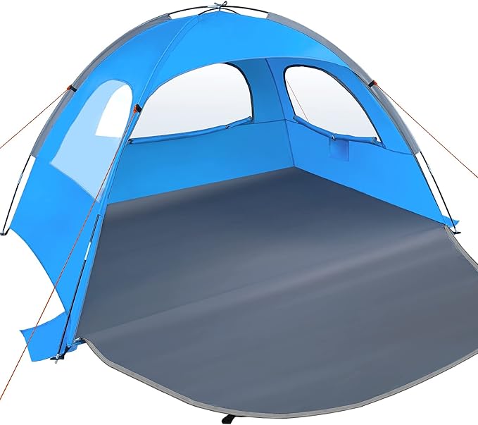 MIRUS Beach Tent 2-3 Person Sun Shade Shelter with UPF50+ Protection Extended Floor &amp 3 Ventilating Roll Up Windows Carrying Bag Stakes and Tiedown Strings | Extended Floor Carrying Bag Stakes