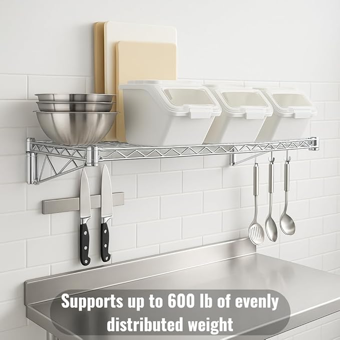 18 x 24 Chrome Wall-Mounted Wire Shelf Kit with Clip-in Ingredient Storage Bins Heavy-Duty Steel Rack Supports up to 600 lb Flip-Top Lids Open-Wire Design for Kitchen/Prep/Storage