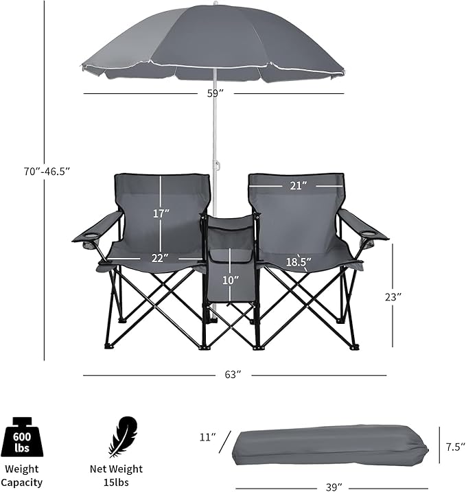 Tangkula Double Camping Chairs with Umbrella Portable 2 Seat Folding Camp Chair with Cooler Bag Beverage Holder Carrying Bag Foldable Lawn Chair for Outside Fishing Picnic Beach