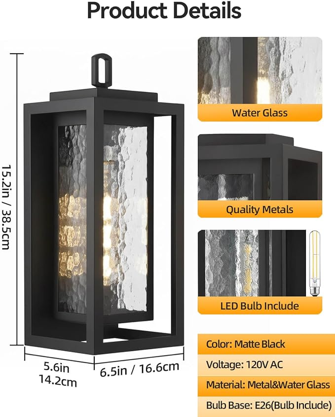 KIZON 15 Modern Outdoor Wall Lights with Seeded Glass Waterproof Black Outdoor Sconce Lights with LED Bulb Included Large Metal Exterior Lighting Fixtures for Porch Garage Entryway Patio