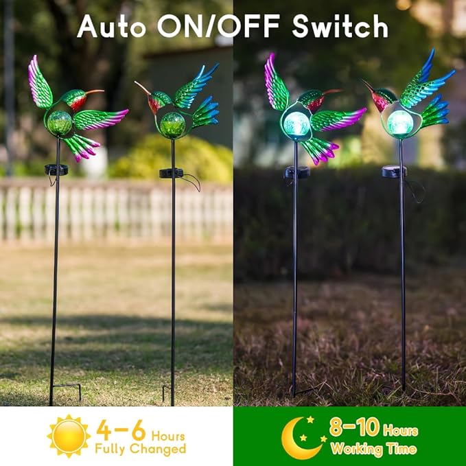 Hummingbird Solar Garden Lights with Stake 2 PackBird Pathway Solar Outdoor Crackle Glass Globe Light for GardenWalkwayPathwayYardLawn
