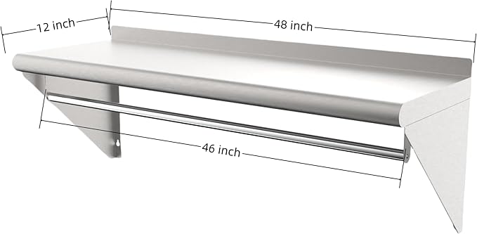 12''x48'' Wall Mounted Stainless Steel Shelf with Suspension Rod NSF Commercial Metal Wall Mounted Floating Shelf for Kitchens Restaurants Food Trucks Garages Homes and Hotels