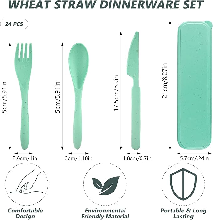 24 Sets Reusable Travel Utensils Set with Case Wheat Straw Portable Knife Fork Spoons Cutlery Eco-Friendly BPA Free Plastic Tableware for Kids Adults Travel Picnic Camping Utensils (8 Colors)
