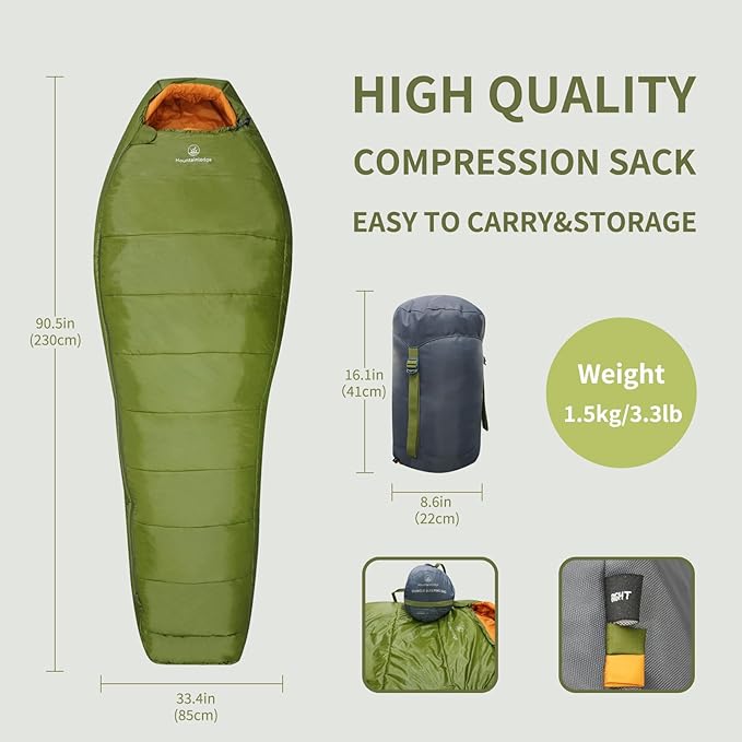 Mountainlodge 3-4 Seasons Shingle Sleeping Bag 15℉ with Inner Pocket for AdultPerfect for BackpackingTraveling and HikingIncluding Free Compression Stuff Sack.