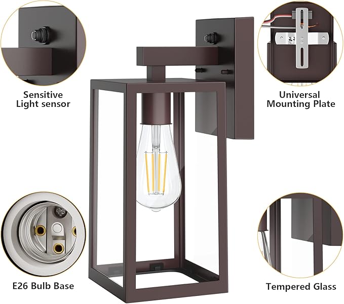 SHINE HAI Dusk to Dawn Outdoor Wall Lantern Exterior Wall Sconce with E26 Base Socket Anti-Rust Waterproof Light Fixture with Glass Shade for Garage Doorway 2 Pack (Dark Chocolate)