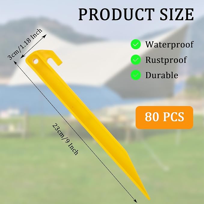 80 Pcs Plastic Tent Stakes - 9 Inch Tent Stakes Heavy Duty Tent Pegs Canopy Stakes Spike Hook Plastic Stakes Awning Camping Pegs for Camping Outdoor Sand Beach Garden Lawn Stake
