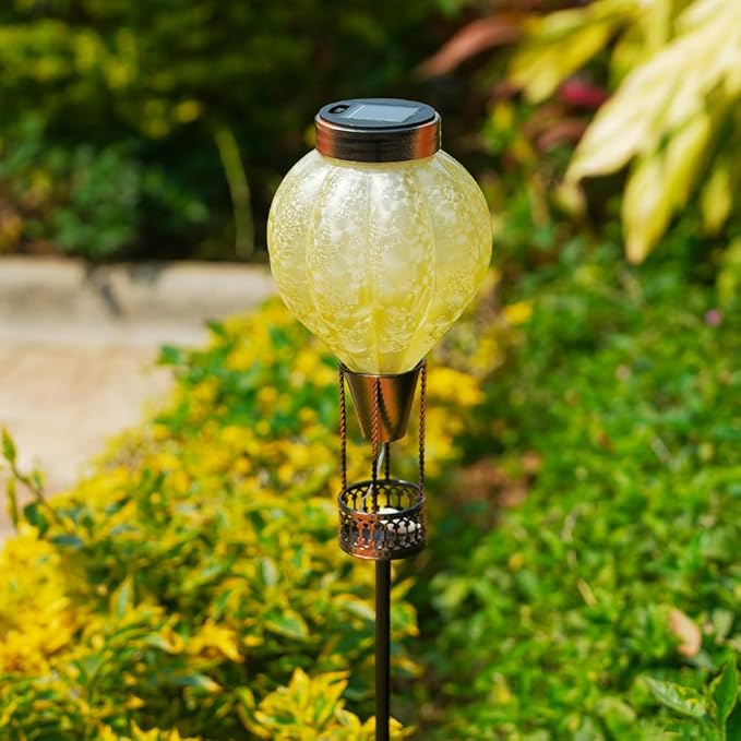 Outdoor Solar Lights Waterproof with Hot Air Balloon Flickering Flame Solar Garden Light Glass Landscape Lamp Stake Lights Outside Decor for Pathway Walkway Yard Patio