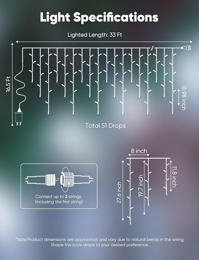 Brightown Cluster Icicle Lights Outdoor Waterproof 33FT 1020 LED Icicle Lights with 51 Drop12 Mode Timer for Christmas Outdoor House Decoration Blue White