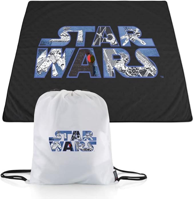Picnic TIME Star Wars Impresa Picnic Blanket Lightweight Fleece Beach and Outdoor Blanket with Drawstring Backpack and Easy Fold Design (Black and White)