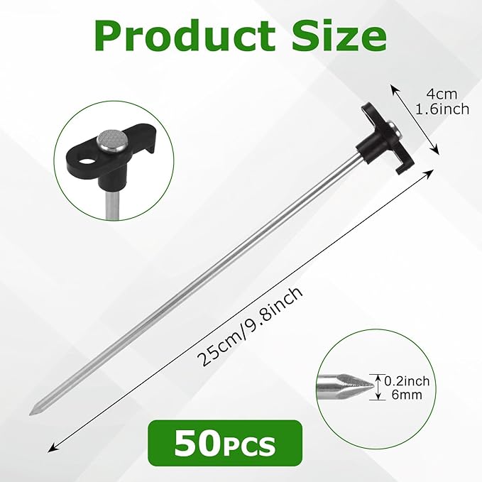50 Pack 10 Inch Heavy Duty Tent Stakes Metal Tent Pegs for Hard Ground Black Steel Camping Stakes for Canopies Tarps &amp Gazebos Secure Ground Anchors with T-Shaped Heads
