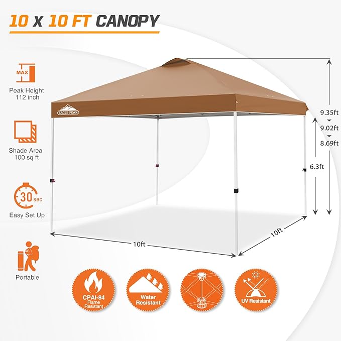 EAGLE PEAK Pop Up Canopy Tent with Wheeled Carry Bag 8 Stakes 4 Ropes 4 Weight Bags Easy Set Up Tent Canopy 10x10 ft 100sqft of Shade Khaki