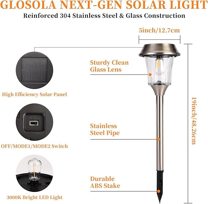 Solar Pathway Lights Outdoor 4 Pack Stainless Steel &amp Glass Solar Garden Lights Auto Dusk to Dawn IP65 Waterproof LED Path Lights for Yard Lawn Walkway Driveway