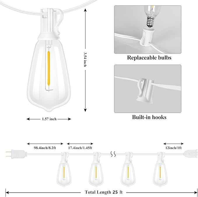 Brightever Outdoor String Light 25 FT ST38 Patio Lights with 13 Edison Bulbs Waterproof Connectable Hanging Lights for Backyard Porch Balcony Party Christmas Decor E12 Socket Base White