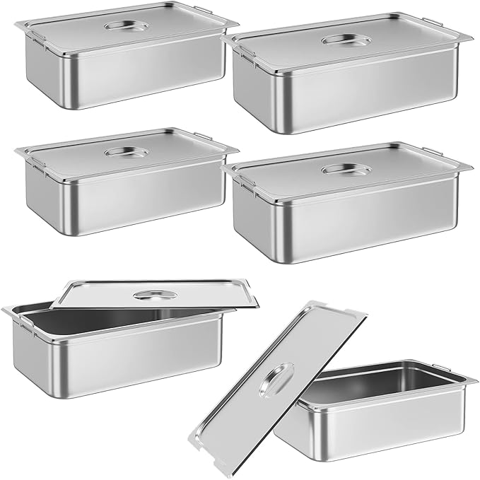 6 Pack Full Size Hotel Pan Commercial Catering Hotel Pan [NSF Certified][with Handle &amp Lid] Commercial Stainless Steel 6 Inch Deep Anti-Jamming Steam Table Pan