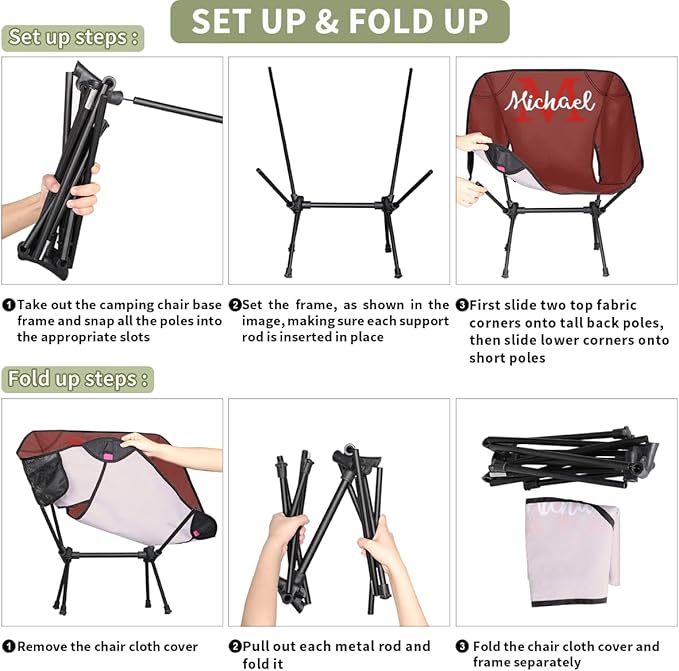 Custom Dark Red Portable Camping Chair Personalized Backpacking Chair with Name Lightweight Foldable Chairs for Hiking Beach