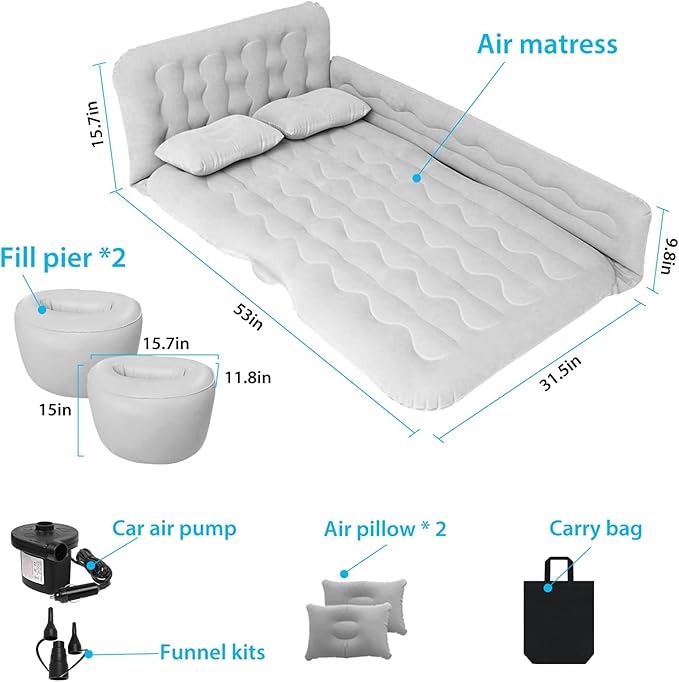 ISWEES Car Bed SUV Air Mattress Car Air Mattress with Electric Pump 2 Inflatable Pillows and 2 Footrests for Back Seat Side SeatTrunk Sleeping Thickened Camping Bed - Grey