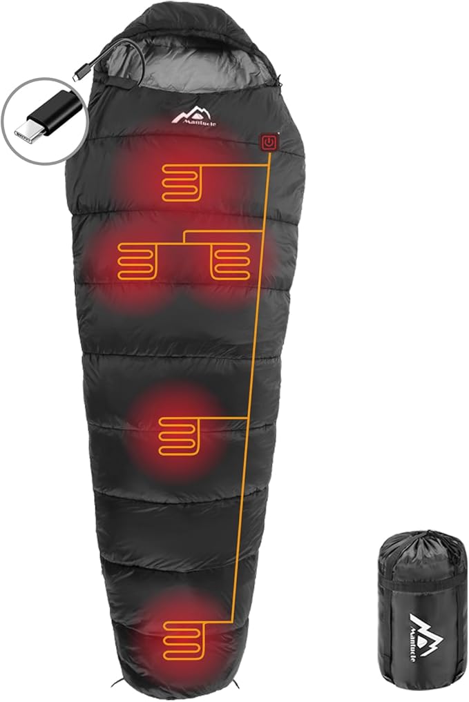 Heated Sleeping Bag 5pcs Multi USB Power Support Heating PadsOperated with Battery Power Bank or Other USB Power Supplies Portable Compact Bag Mummy Style.